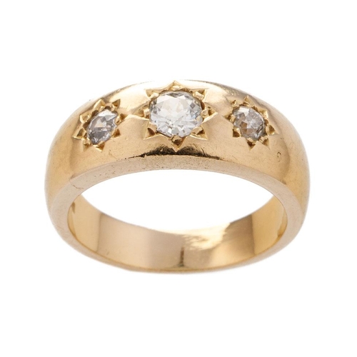 592 - 18ct gold large & heavy 3 diamond gypsy set ring, weight 14g.  Total diamond weight 0.75ct approx. (... 