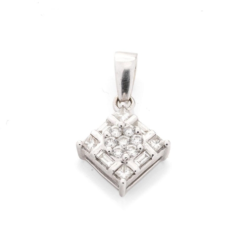 604 - 14ct white gold pendant set 15 diamonds – 7 x round, 4 x square & 4 x baguette.  Face measures 9mm x... 