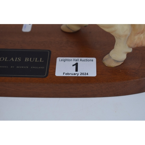 1 - Beswick Charolais Cow on wooden base, Connoisseur series.