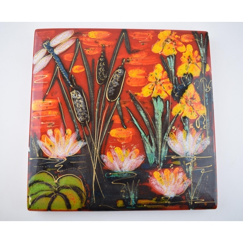 102 - Anita Harris Art Pottery tile, decorated with a pond scene with a dragonfly and reeds, 26.5cm tall, ... 