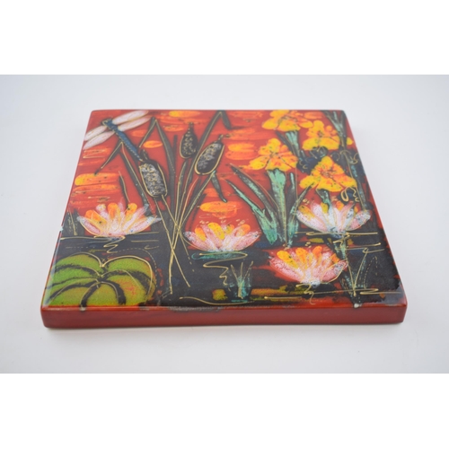 102 - Anita Harris Art Pottery tile, decorated with a pond scene with a dragonfly and reeds, 26.5cm tall, ... 