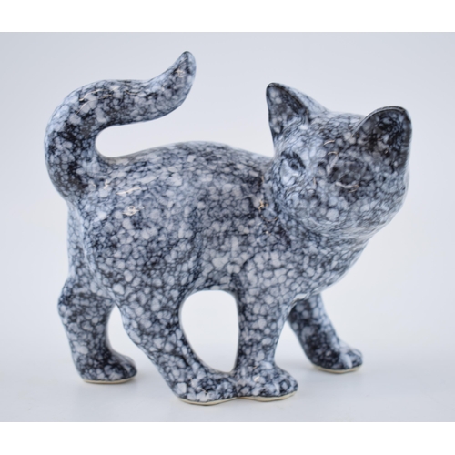 110 - Anita Harris Art Pottery cat in a marble style glaze, a trial, 16cm tall, signed by Peter.