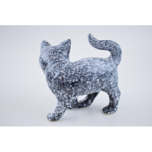 110 - Anita Harris Art Pottery cat in a marble style glaze, a trial, 16cm tall, signed by Peter.