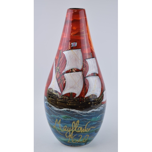 115 - Anita Harris Art Pottery peardrop vase, decorated with the Mayflower 1620, limited edition, this bei... 