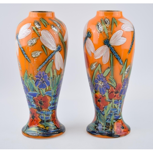 118 - A pair of Anita Harris Art Pottery Prestige high shouldered vases, decorated with Dragonflys amongst... 