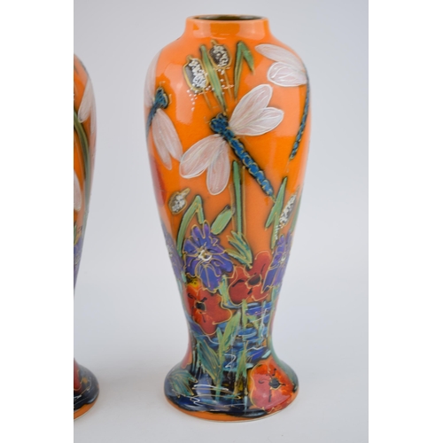 118 - A pair of Anita Harris Art Pottery Prestige high shouldered vases, decorated with Dragonflys amongst... 