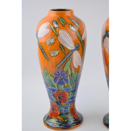 118 - A pair of Anita Harris Art Pottery Prestige high shouldered vases, decorated with Dragonflys amongst... 