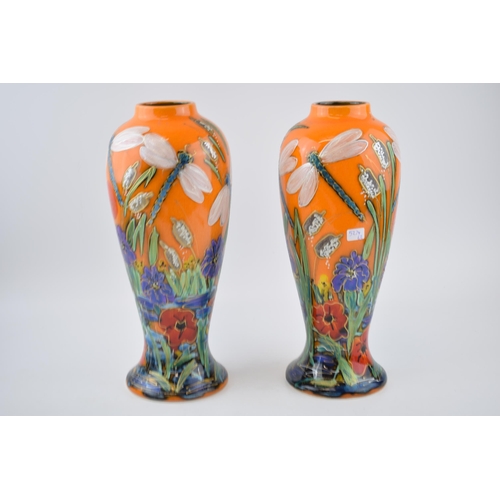 118 - A pair of Anita Harris Art Pottery Prestige high shouldered vases, decorated with Dragonflys amongst... 