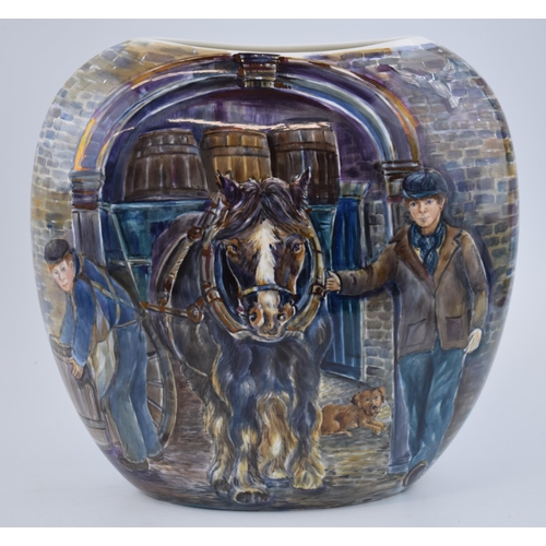 128 - Lyn James: a hand painted large purse vase of a heavy horse scene with a cart of barrels 'Pulling Po... 