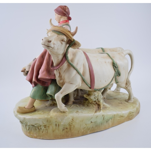 144 - Large Royal Dux figure of a Dutch girl with 2 cows (restored), 45cm long.