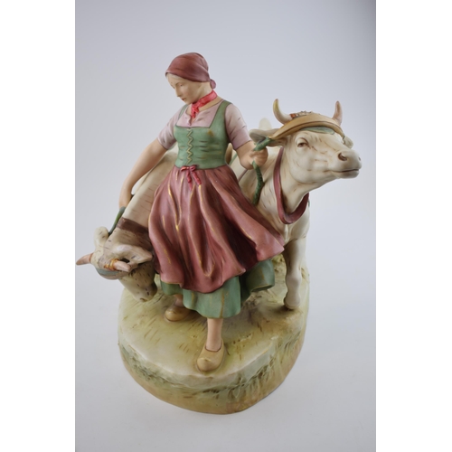 144 - Large Royal Dux figure of a Dutch girl with 2 cows (restored), 45cm long.