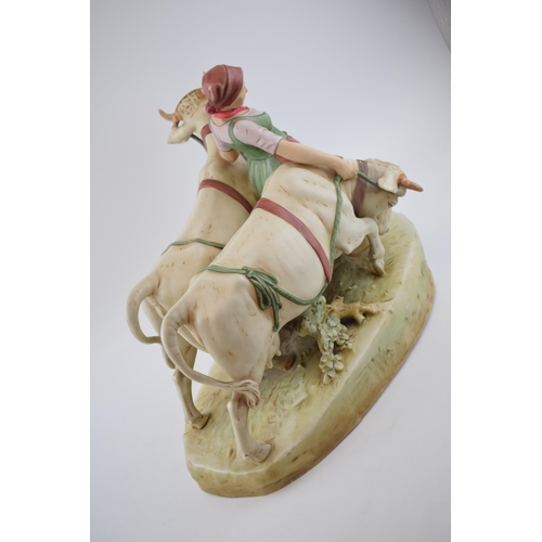 144 - Large Royal Dux figure of a Dutch girl with 2 cows (restored), 45cm long.