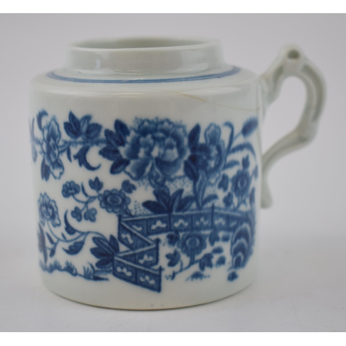 151 - A late 18th century blue and white transfer-printed porcelain Worcester Fence pattern mustard pot, c... 