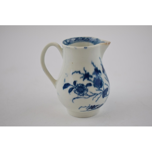 154 - An 18th century blue and white porcelain Worcester Bird in the Ring pattern small jug, c. 1760.