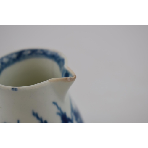 154 - An 18th century blue and white porcelain Worcester Bird in the Ring pattern small jug, c. 1760.