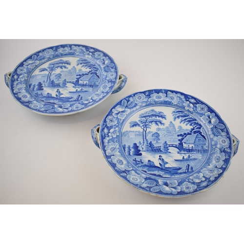 158 - A pair of early 19th century blue and white transfer-printed Wild Rose pattern hot water plates, c. ... 