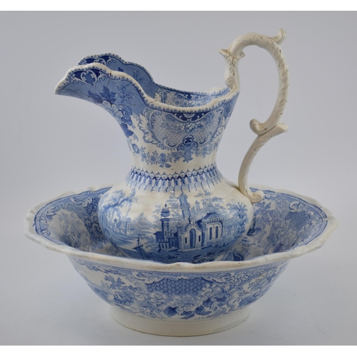 165 - An early 19th century blue and white transfer-printed Sicilian pattern jug and bowl, c. 1830. Bowl: ... 