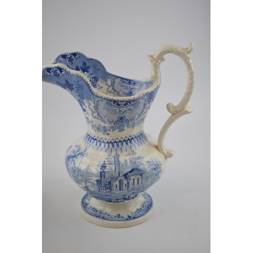 165 - An early 19th century blue and white transfer-printed Sicilian pattern jug and bowl, c. 1830. Bowl: ... 