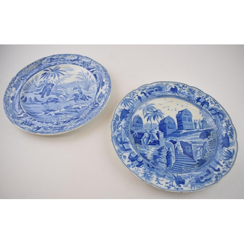 166 - An early 19th century blue and white transfer-printed Spode Indian Sporting series plate together wi... 