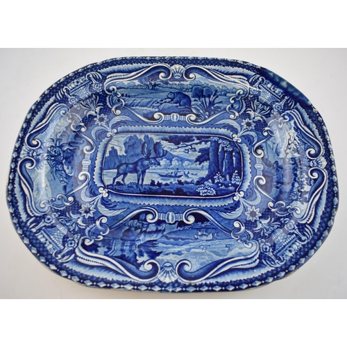 180 - An early 19th century blue and white transfer-printed Hall Quadrupeds series Moose pattern platter, ... 