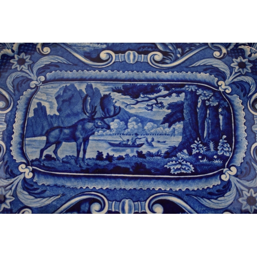 180 - An early 19th century blue and white transfer-printed Hall Quadrupeds series Moose pattern platter, ... 