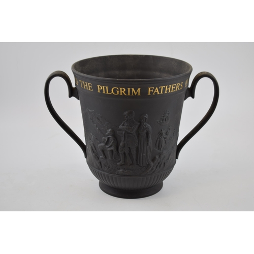 34 - Royal Doulton Limited Edition Black Basalt 'The Mayflower' loving cup, 21cm tall.