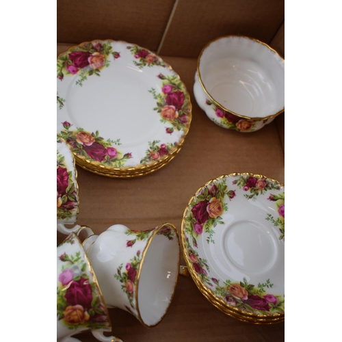 56 - Royal Albert Old Country Roses to include a teapot, 6 trios, a sugar bowl, a cake plate and a milk j... 
