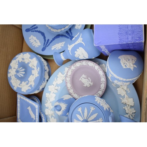 60 - A collection of Wedgwood Jasperware and Queensware items to include blue, green, lilac, tri-colour t... 