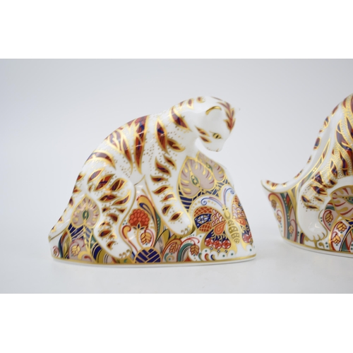 72 - Two Royal Crown Derby paperweights, Bengal Tiger, H:13cm and a Bengal Tiger Cub, H:10cm, red printed... 