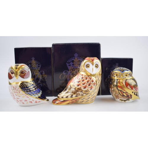 75 - Three Royal Crown Derby Paperweights - Short Eared Owl, 11cm, an exclusive for The Royal Crown Derby... 