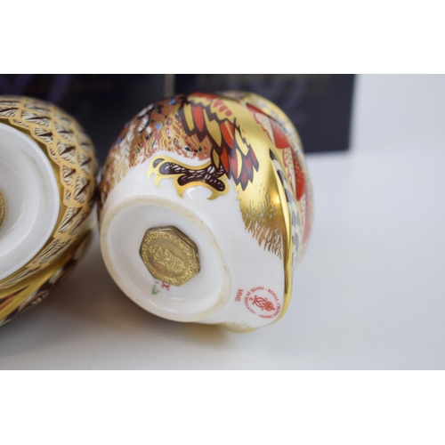 75 - Three Royal Crown Derby Paperweights - Short Eared Owl, 11cm, an exclusive for The Royal Crown Derby... 