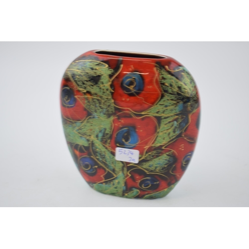 95 - Anita Harris Art Pottery purse vase, decorated with a toucan and poppies, 12cm tall, signed by Anita... 