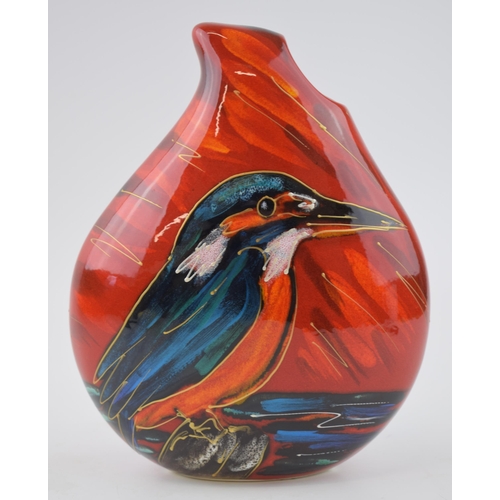 96 - Anita Harris Art Pottery teardrop vase, decorated with a Kingfisher, 21cm tall, signed by Anita.