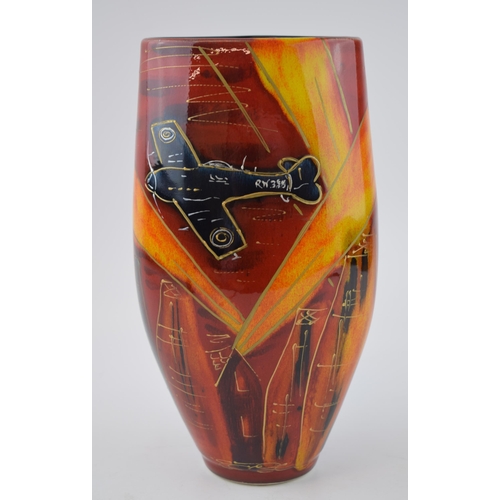 97 - Early Anita Harris Art Pottery vase, decorated with a spitfire, 24cm tall, signed by Anita.