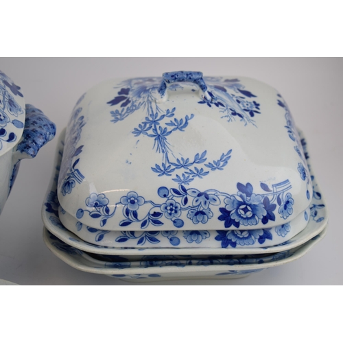 198 - An early 19th century blue and white transfer-printed Rogers Bamboo, Flowers and Rocks pattern dinne... 