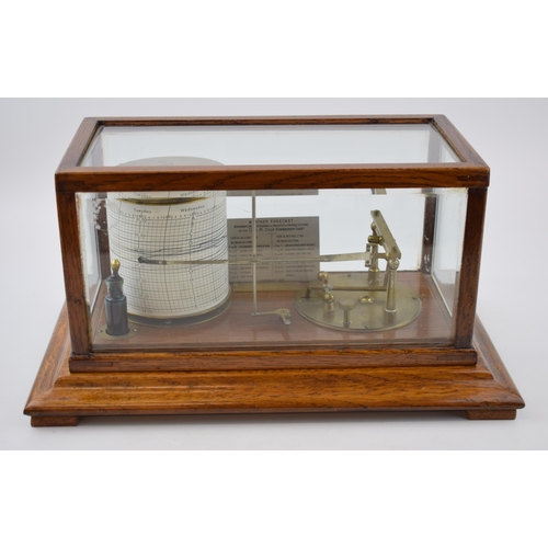 206 - Early to mid 20th century barograph / stormograph in glazed oak case with lift-off lid, Short & Maso... 