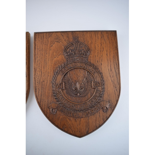 220 - A pair of hand carved oak RAF shields dated 1951, L Rooks, '613 Squadron Auxialiary Air Force' toget... 