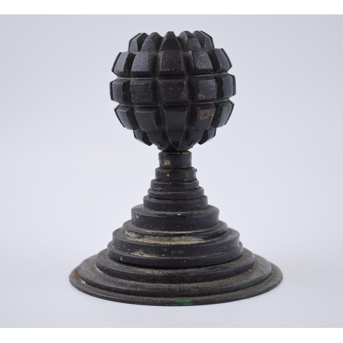 224 - WWI German Kugelhandgranate ball hand grenade. M1915. Trench Art inkwell on a metal stand. Height 16... 