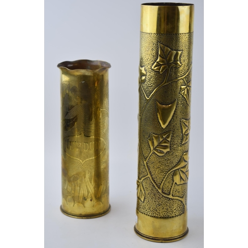 226 - A WWI trench art brass French shell case Diameter 8cm, Height 35cm, together with another French exa... 