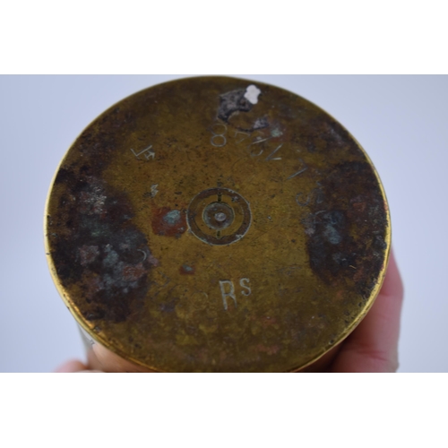 226 - A WWI trench art brass French shell case Diameter 8cm, Height 35cm, together with another French exa... 