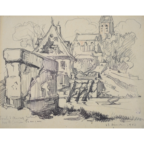 227 - Henri Lucien Cheffer, 1880 - 1957. Original pencil drawing. WWI Battle Damage, France 1914. War arti... 