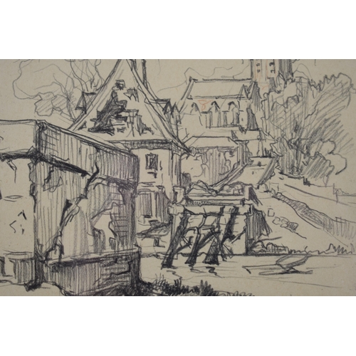 227 - Henri Lucien Cheffer, 1880 - 1957. Original pencil drawing. WWI Battle Damage, France 1914. War arti... 