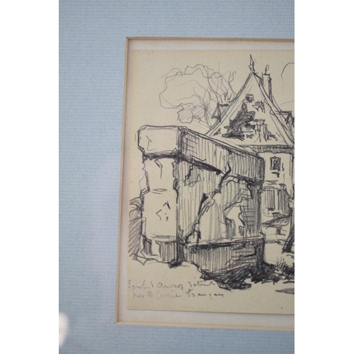 227 - Henri Lucien Cheffer, 1880 - 1957. Original pencil drawing. WWI Battle Damage, France 1914. War arti... 