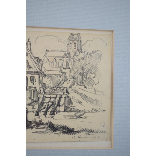 227 - Henri Lucien Cheffer, 1880 - 1957. Original pencil drawing. WWI Battle Damage, France 1914. War arti... 