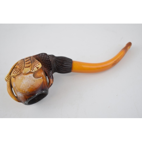 268 - Cased early 20th century meerschaum smoking pipe in the form of a ball and claw with amber handle, i... 