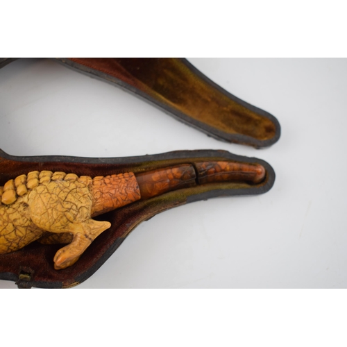 269 - Cased Victorian meerschaum pipe in the form of a grotesque animal, perhaps a gator, in original fitt... 