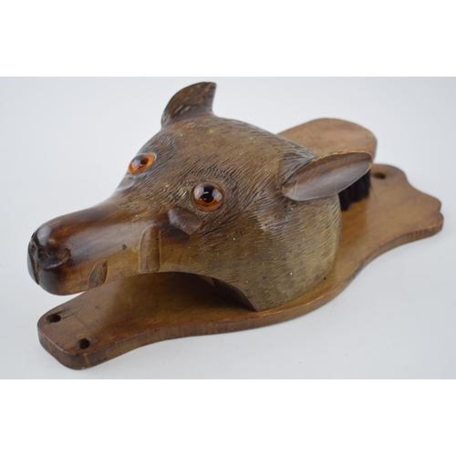 271 - Early 20th century carved wooden brush holder in the form of a fox mask / head, with pull out brush,... 