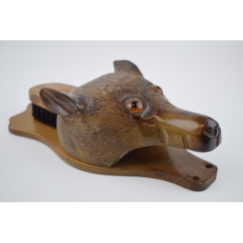 271 - Early 20th century carved wooden brush holder in the form of a fox mask / head, with pull out brush,... 