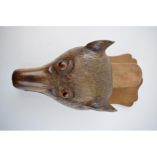 271 - Early 20th century carved wooden brush holder in the form of a fox mask / head, with pull out brush,... 