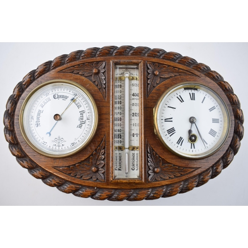 285 - Early 20th century wall hanging barometer clock with central thermometer, bevelled glass, in carved ... 